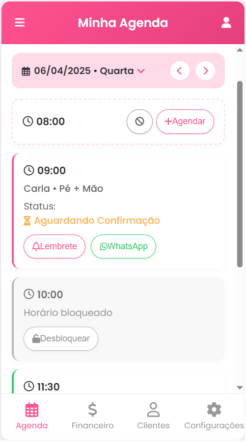 Tela da Agenda do ProNail