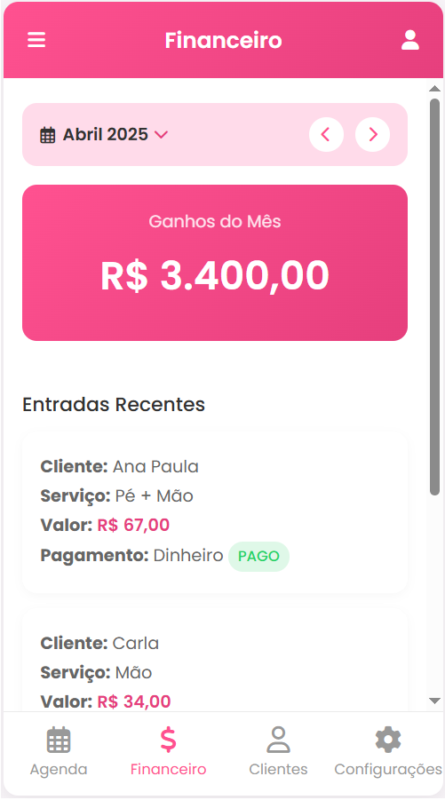 Tela de Controle Financeiro do ProNail